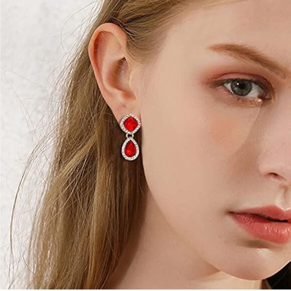 Silver with Ruby Red and Diamond Austrian Crystal Rhombus Teardrop Post Earrings - Picture 3 of 5